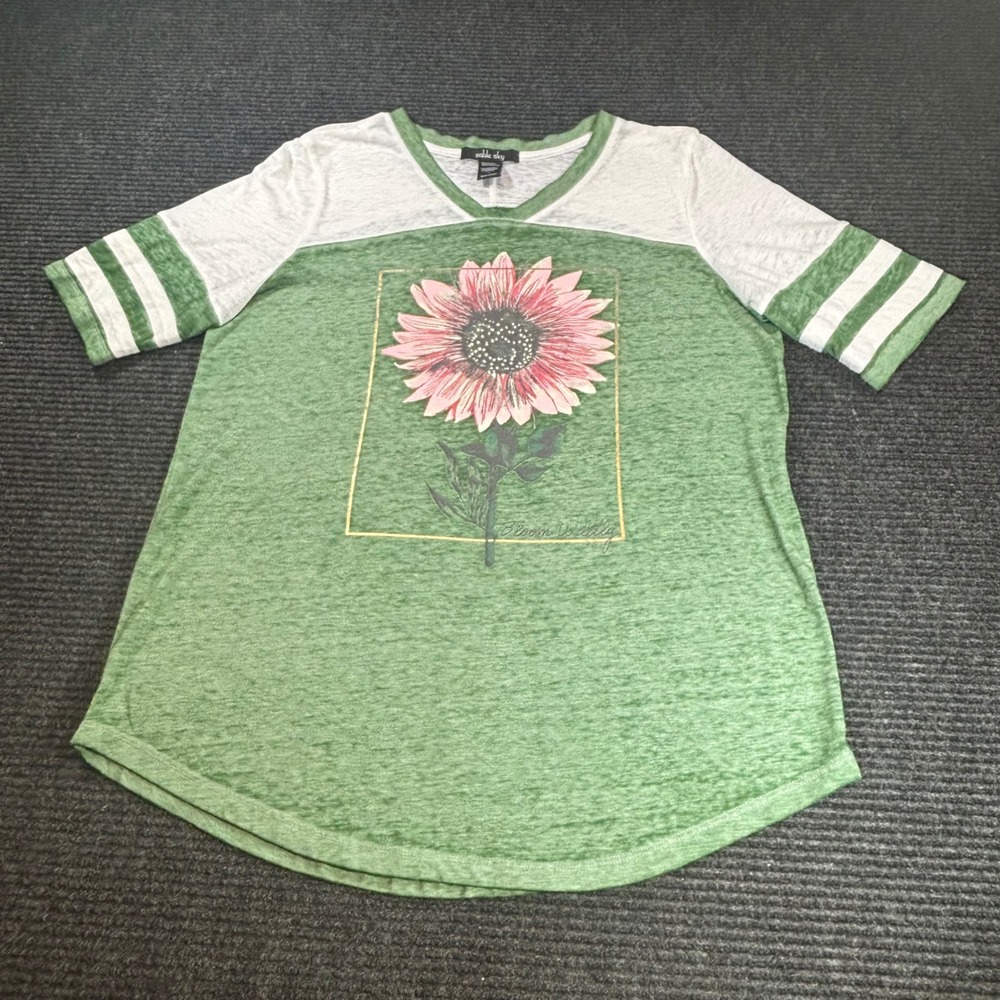 Sable Sky Womens Green Pink Sunflower Bloom Wildly V-Neck Graphic Tee Large